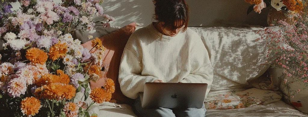 Person working on laptop surrounded by colorful flowers