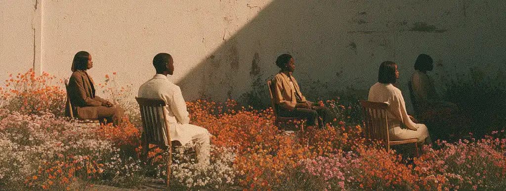 Group of people sitting among wildflowers