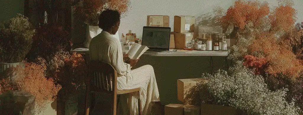 Maker working at desk surrounded by flowers and shipping boxes