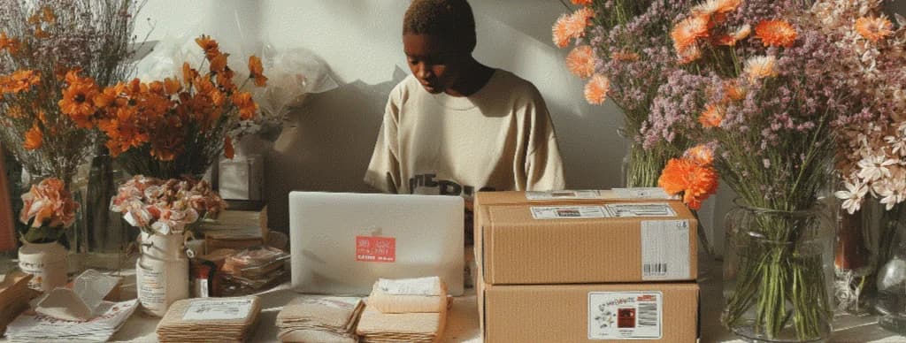 Small business owner preparing orders surrounded by flowers