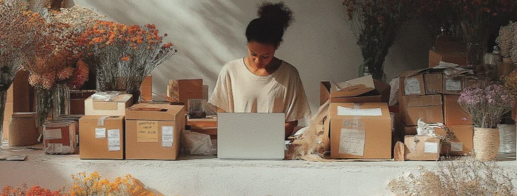 Small business owner working at desk surrounded by flowers and packages