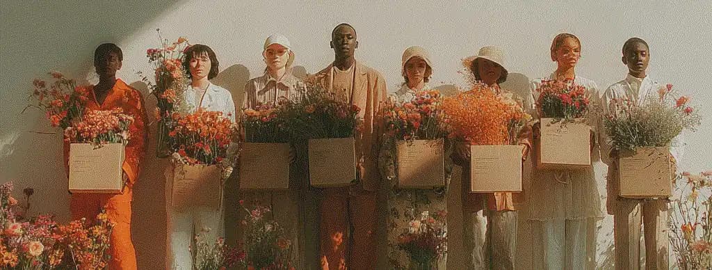 Group of people holding flower bouquets in boxes